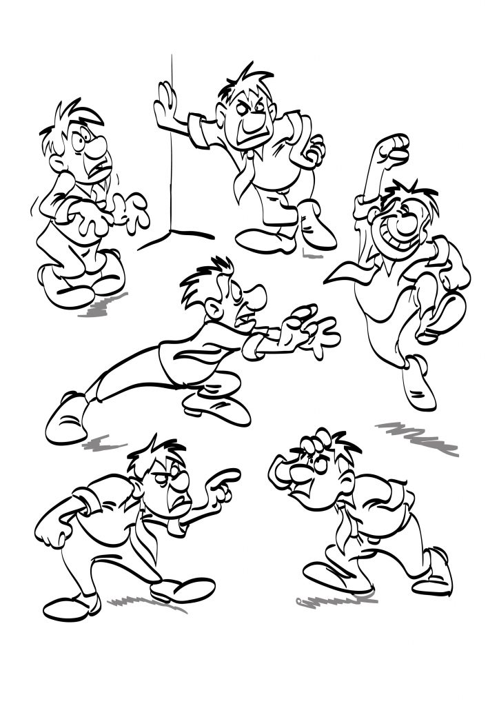 Postać rysunkowa z kreskówki – kilka postaw i gestów szkic