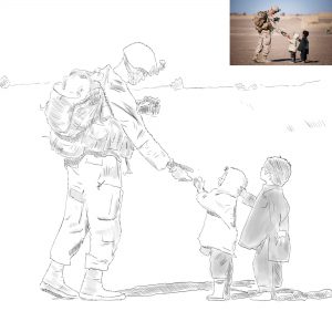 Cyfrowy szkic - żołnierz i dzieci